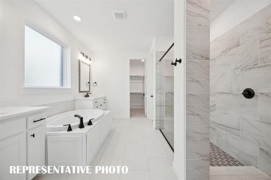 With separate vanities, a lovely soaking tub and fantastic walk in shower with drying area, you will never want to leave the dream owner's bath!  REPRESENTATIVE PHOTO