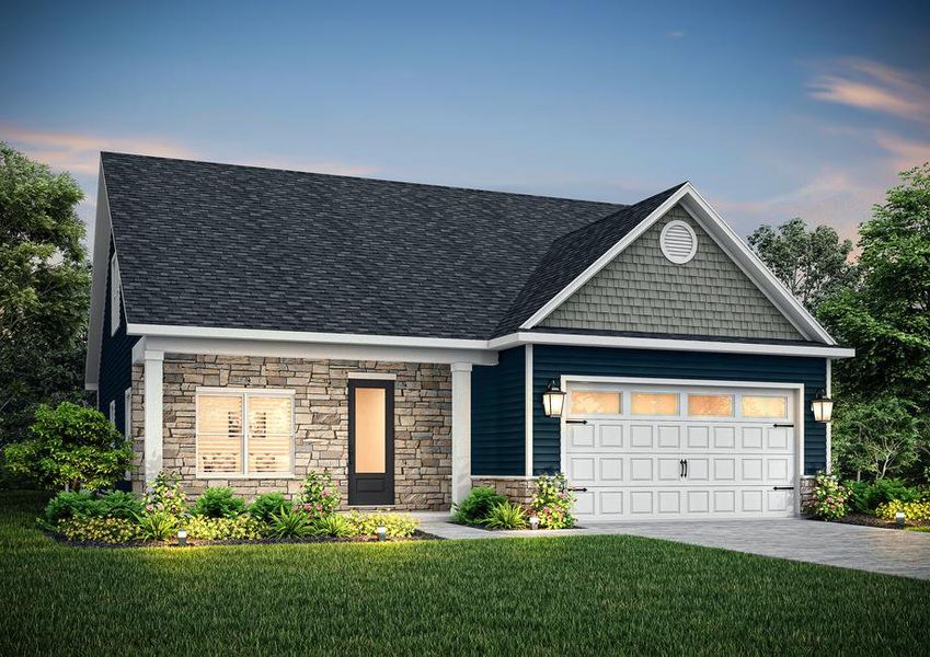 Dusk rendering of the Birch elevation 2. Dusk rendering of the Birch elevation 2.