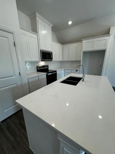 Kitchen with white cabinets, sink, decorative backsplash, dark hardwood / wood-style flooring, and stainless steel appliances