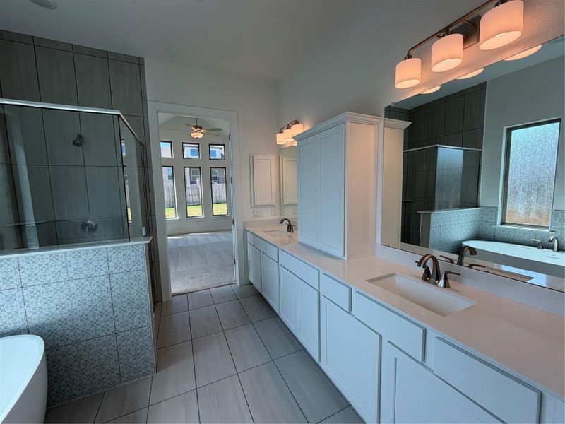 Primary Bath retreat with dual vanities, garden tub & walk-in shower