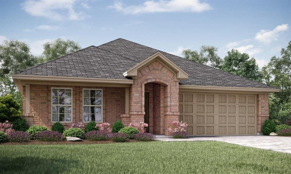 View of front facade featuring a garage and a front lawn