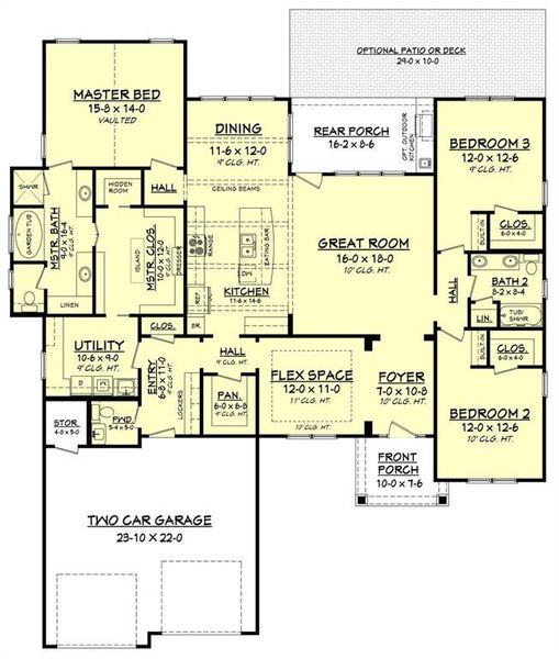 This floor plan will be modified to add 4 extra feet to the width of the Primary bedroom, allowing for a sitting area.  At this stage a 3 car garage or golf cart garage can be added too.