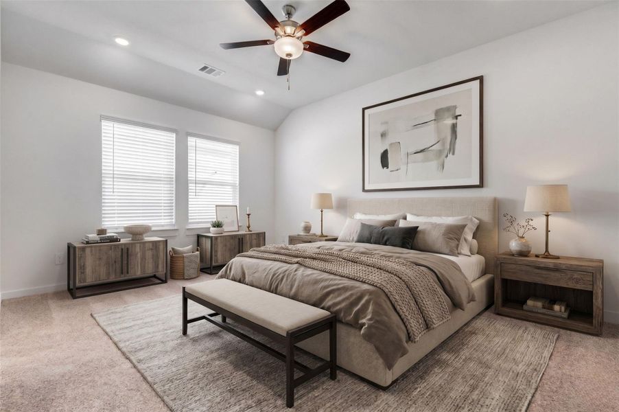 Secondary bedroom with soft carpet, white walls, recessed lighting, and a closet with double doors. The nearby hallway provides easy access to the main living areas and bathroom, creating a practical layout for everyday use. This photo has been virtually staged for visual reference.