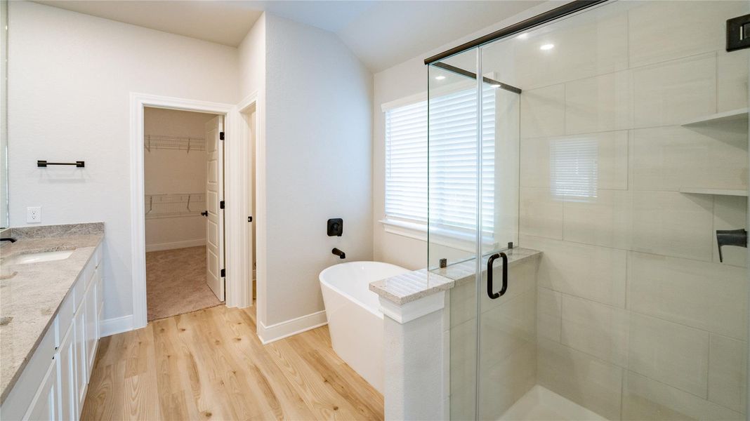 Full bathroom with vanity, light wood-style flooring, a walk in closet, a shower stall, and a soaking tub Full bathroom with vanity, light wood-style flooring, a walk in closet, a shower stall, and a soaking tub