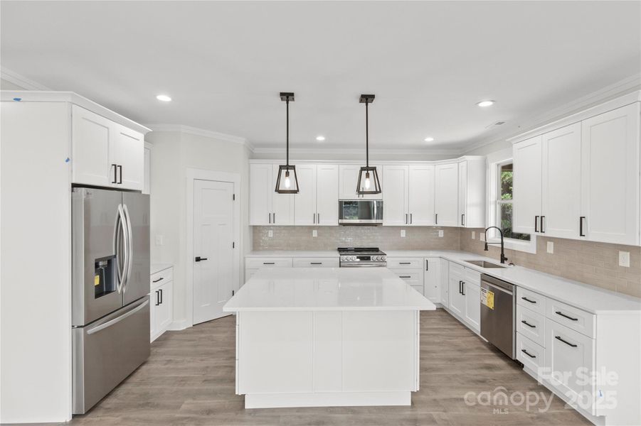 This angle shows how large the island is. This is the large island you dream of in your kitchen. View from living room of the open kitchen. LG upgraded appliances. Premium Refrigerator and blue ceramic inside slide in range