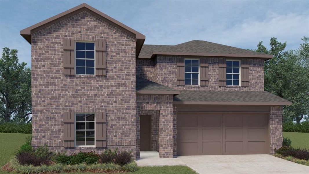 Two-story brick exterior featuring a two-car garage, shuttered windows, and a covered entry Two-story brick exterior featuring a two-car garage, shuttered windows, and a covered entry