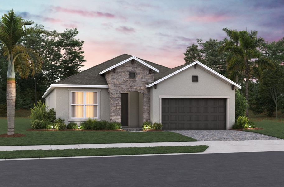 Representative exterior photo of a completed home built from the Cambridge by Beazer Homes in Estates at Lake Jesup, Sanford, FL (Image 1). Representative exterior photo of a completed home built from the Cambridge by Beazer Homes in Estates at Lake Jesup, Sanford, FL (Image 1).