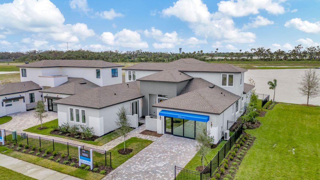 The Front Elevation of a DRB Homes Grand Sabal Model, which the home plan is offered at Serengeti in Spring Hill, FL.