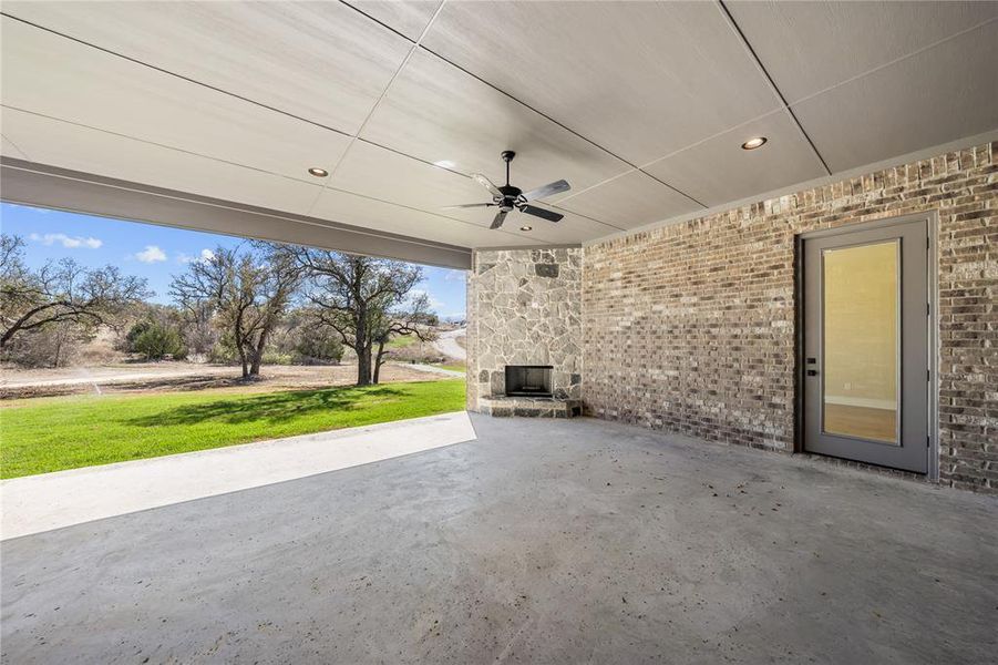 View of patio with a ceiling fan