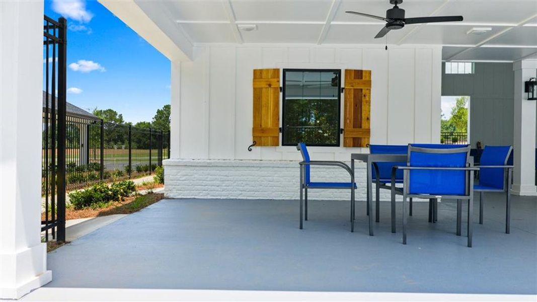 Exterior details and patio area of a home in Kingston Ranch at Lake Oconee, Buckhead (Image 3). Exterior details and patio area of a home in Kingston Ranch at Lake Oconee, Buckhead (Image 3).