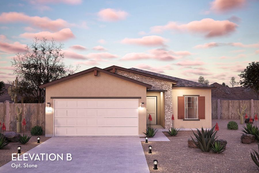 Representative exterior photo of a completed home built from the Frio by CastleRock Communities in Hayden Estates, Buckeye, AZ (Image 13). Representative exterior photo of a completed home built from the Frio by CastleRock Communities in Hayden Estates, Buckeye, AZ (Image 13).
