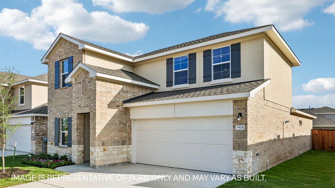 Front exterior of a new home in Bar W Ranch, Leander, TX, highlighting curb appeal (Image 20). Front exterior of a new home in Bar W Ranch, Leander, TX, highlighting curb appeal (Image 20).