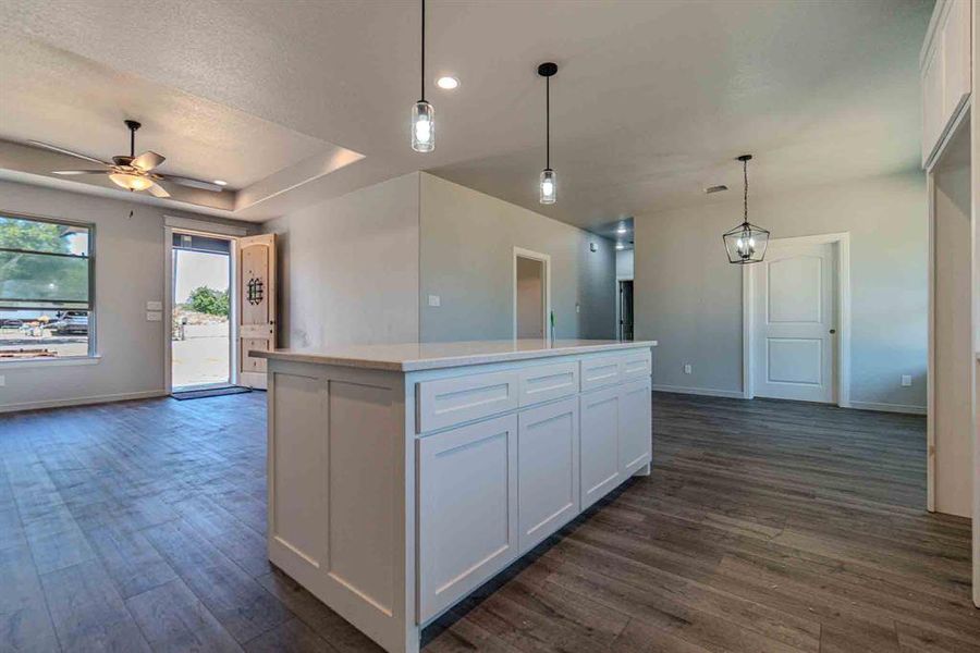 Kitchen featuring a center island, white cabinetry, open floor plan, dark wood-style flooring, and recessed lighting Kitchen featuring a center island, white cabinetry, open floor plan, dark wood-style flooring, and recessed lighting