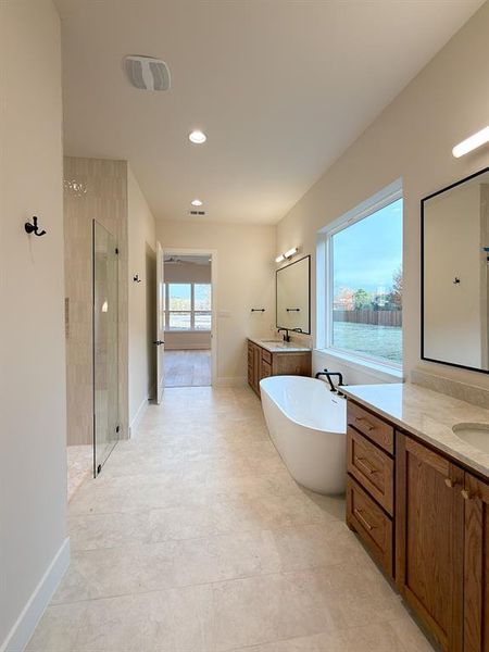 Spacious bathroom featuring a freestanding soaking tub, dual vanity with wood cabinetry, large windows, and a glass-enclosed shower