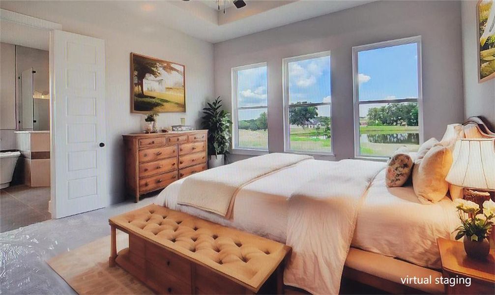 Tiled bedroom with ceiling fan