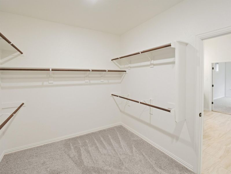 Walk in closet with light colored carpet