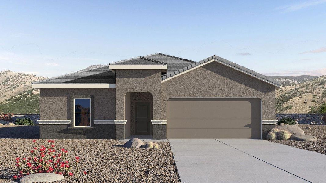 Front exterior of a new home in Saguaro Bloom, Marana, AZ, highlighting curb appeal (Image 1). Front exterior of a new home in Saguaro Bloom, Marana, AZ, highlighting curb appeal (Image 1).