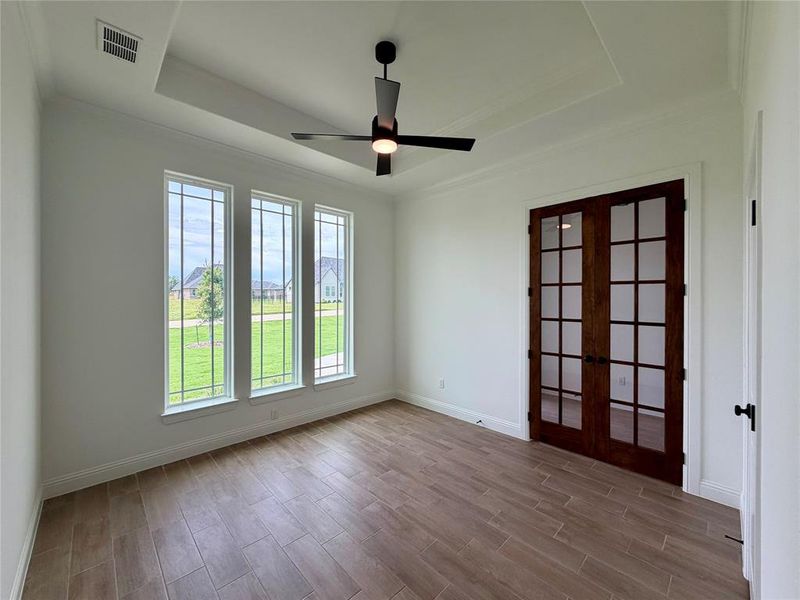 Interior space featuring wood-finish flooring, a tray ceiling, and a modern ceiling fan