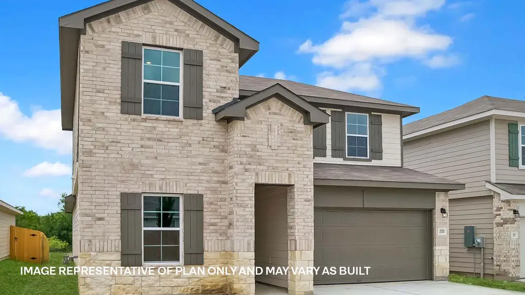 Front exterior of a new home in Prairie Lakes, Buda, TX, highlighting curb appeal (Image 2).