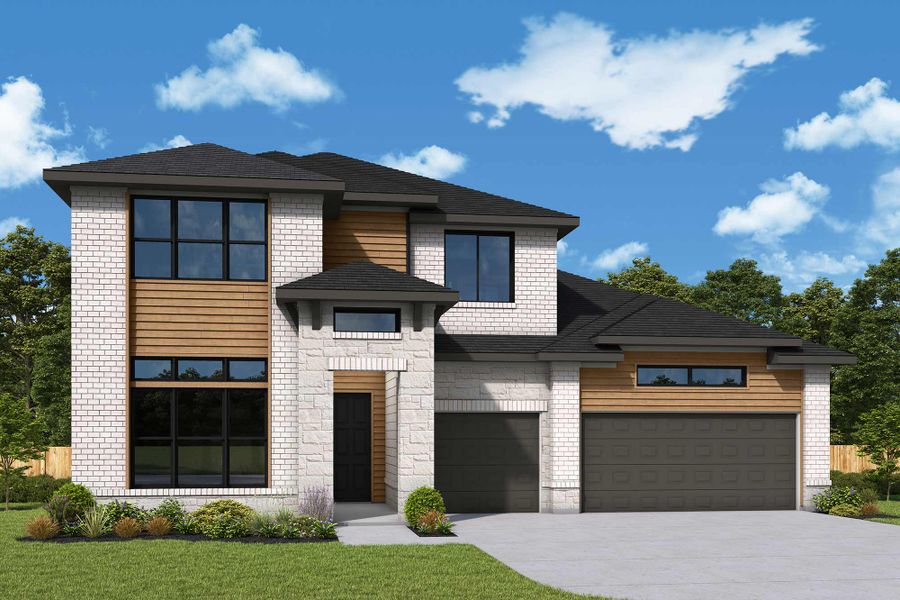 Representative exterior photo of a completed home built from the The Nacogdoches by David Weekley Homes in Prairieland Village - Summit Collection, Cypress, TX (Image 21).