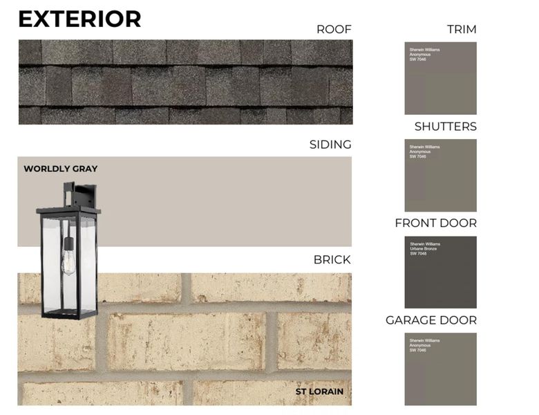 Exterior Material and Color Selections. Presenting the specified finishes for the property's exterior elements
