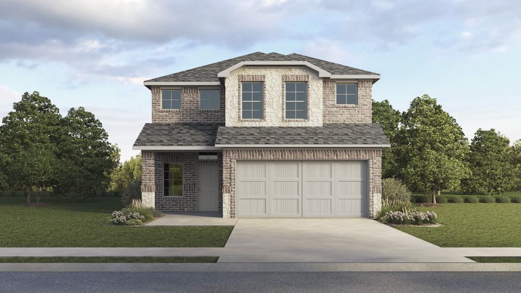 Front exterior of a new home in Silverado, Aubrey, TX, highlighting curb appeal (Image 1).
