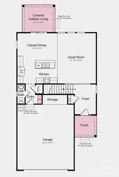 First Floor Plan - Additional Highlights Include: window blinds, additional windows in primary bath and half bath, covered back patio, drop zone and primary bath fiberglass shower pan with tile surround First Floor Plan - Additional Highlights Include: window blinds, additional windows in primary bath and half bath, covered back patio, drop zone and primary bath fiberglass shower pan with tile surround