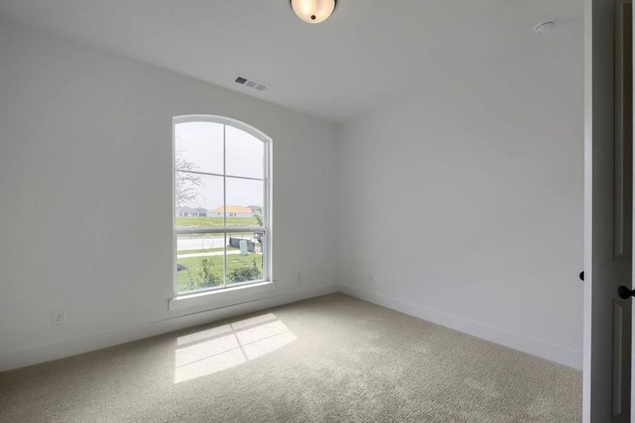 Room featuring an arched window, soft carpet flooring, white painted walls, a flush-mount ceiling light fixture, and white trim Room featuring an arched window, soft carpet flooring, white painted walls, a flush-mount ceiling light fixture, and white trim