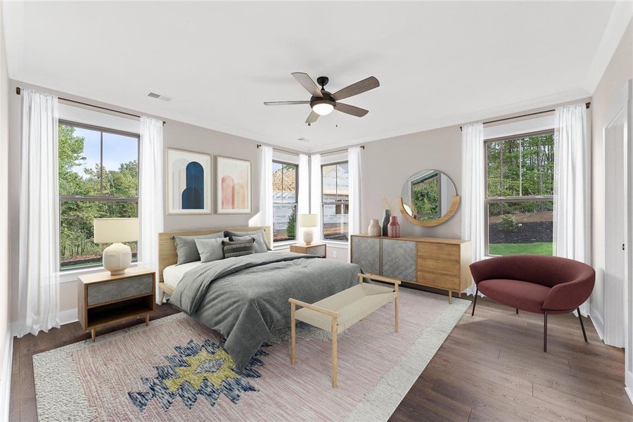 Bright and airy, this bedroom provides a tranquil