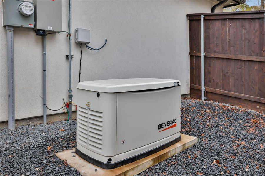 22 KW Whole Home Generac Generator. Side yard is fully rocked with low maintenance and access to the garage through a back door.