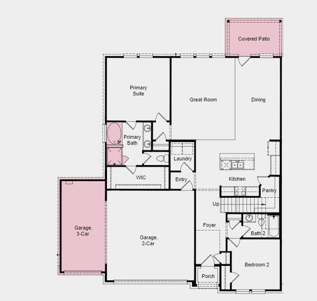 Structural options added include: slide-in tub in the primary bathroom and three-car garage.