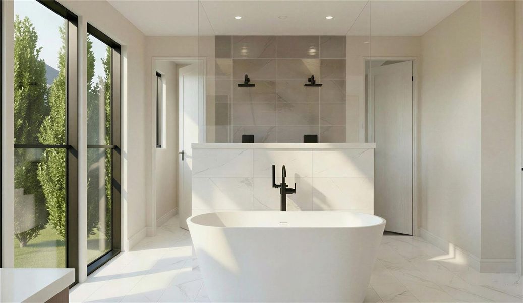 Rendering: Primary bath with large tub and marble finished shower.