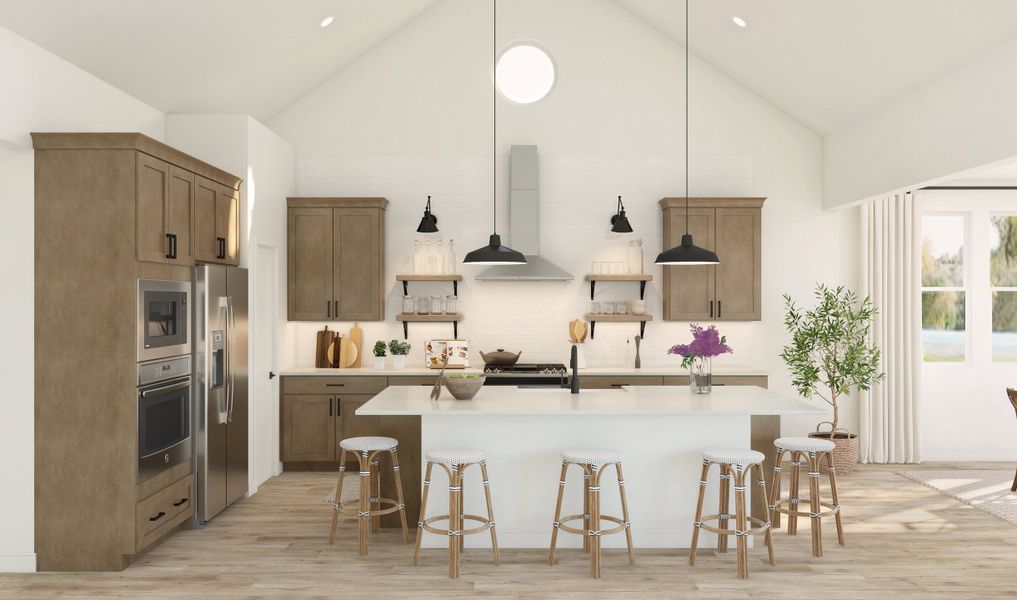 Kitchen with pendant lighting and vaulted ceiling