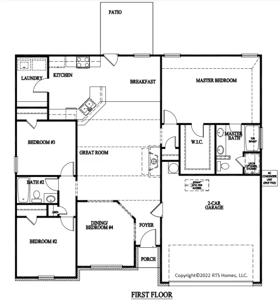 2D floor plan layout for the The Stafford by RTS Homes in Lakeside at Fifteen West, Hinesville, GA (Image 5).
