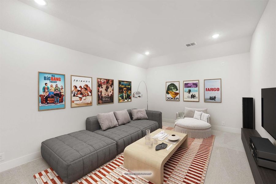 Media room with gray sectional sofa, movie posters on white walls, and a flat-screen TV