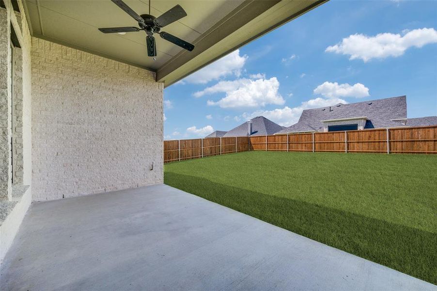 Extend your living space outdoors with this spacious covered patio, complete with a ceiling fan for year-round comfort. Overlooking the expansive backyard, this inviting outdoor retreat is perfect for morning coffee, evening relaxation, weekend barbecues, or entertaining family and friends. With plenty of room beyond for a future pool, play area, or outdoor kitchen, this backyard offers endless possibilities for enjoying Texas living at its finest. Extend your living space outdoors with this spacious covered patio, complete with a ceiling fan for year-round comfort. Overlooking the expansive backyard, this inviting outdoor retreat is perfect for morning coffee, evening relaxation, weekend barbecues, or entertaining family and friends. With plenty of room beyond for a future pool, play area, or outdoor kitchen, this backyard offers endless possibilities for enjoying Texas living at its finest.