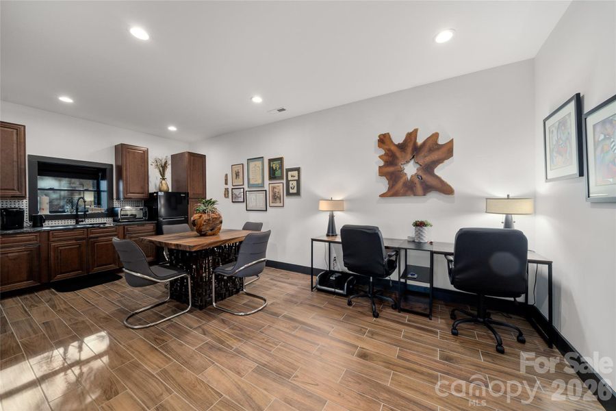 Lower level kitchenette and work space.
