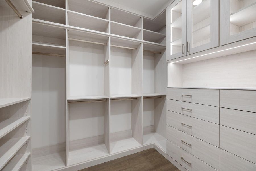 Closet with built-in shelving and drawers. Closet with built-in shelving and drawers.