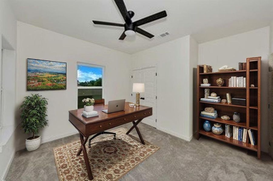 Carpeted office with ceiling fan and baseboards Carpeted office with ceiling fan and baseboards