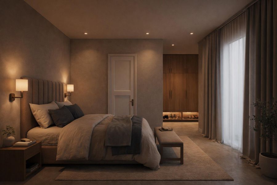 Well-appointed guest suite with designer lighting and a calm, elevated coastal feel. Well-appointed guest suite with designer lighting and a calm, elevated coastal feel.