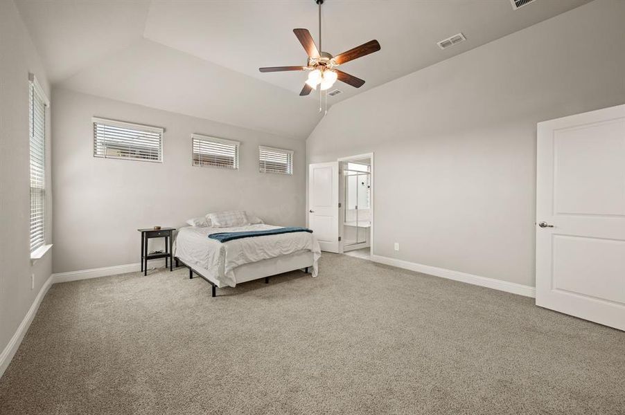 Spacious primary bedroom retreat with vaulted ceiling, ceiling fan, and en-suite bath access.