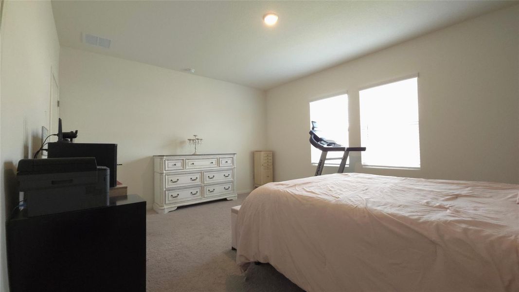 Carpeted room with two large windows