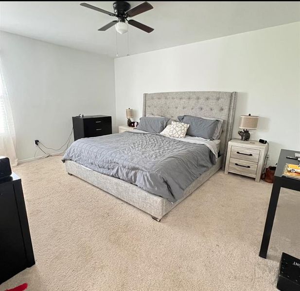 Bedroom with light colored carpet and ceiling fan Bedroom with light colored carpet and ceiling fan