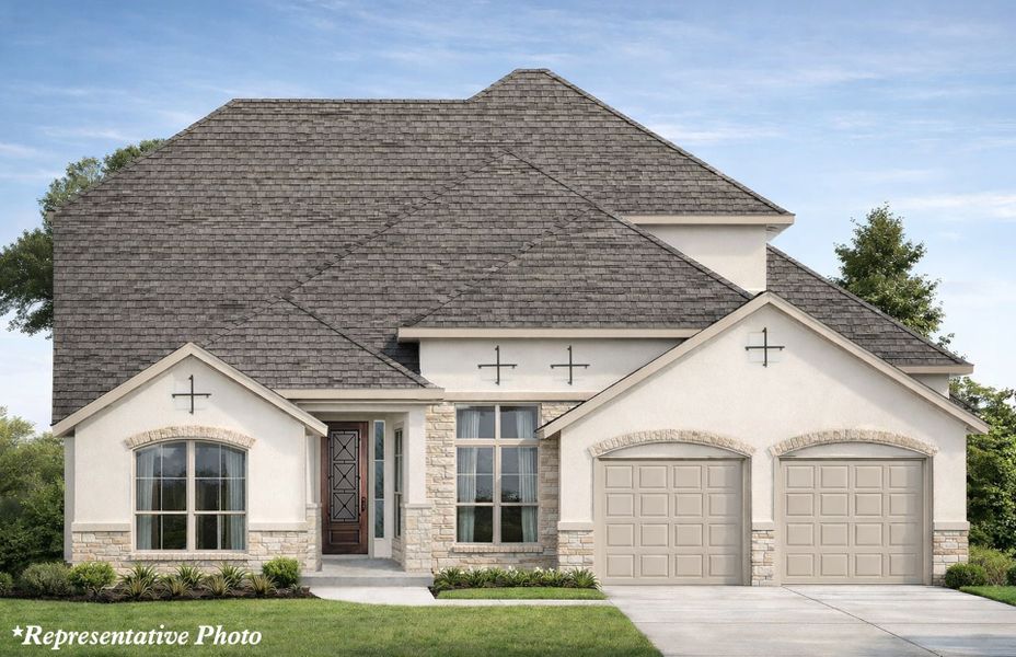 Front exterior of a new home in Bridgeland 60′, Cypress, TX, highlighting curb appeal (Image 1). Front exterior of a new home in Bridgeland 60′, Cypress, TX, highlighting curb appeal (Image 1).