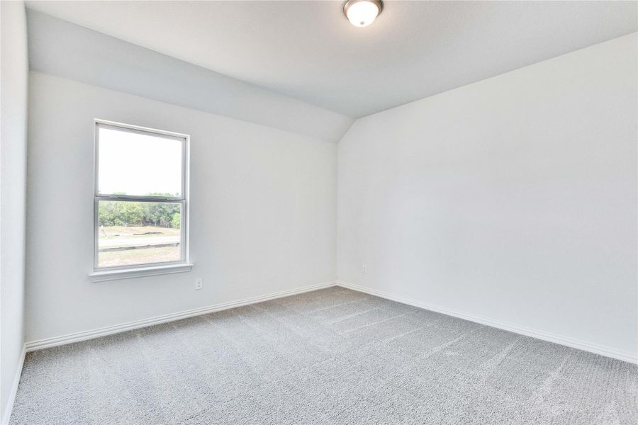 Empty room with carpet floors, baseboards, and vaulted ceiling Empty room with carpet floors, baseboards, and vaulted ceiling