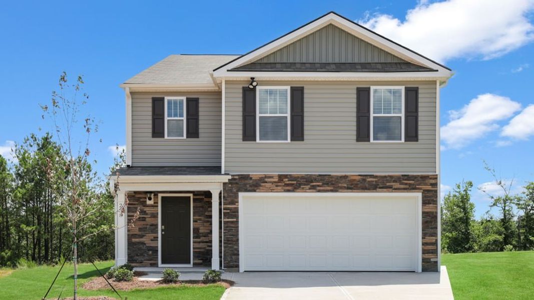 Front exterior of a new home in Durbin Meadows, Fountain Inn, SC, highlighting curb appeal (Image 1). Front exterior of a new home in Durbin Meadows, Fountain Inn, SC, highlighting curb appeal (Image 1).