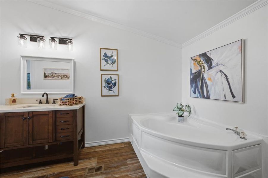 Bathroom featuring a soaking tub, wood-finish flooring, and a single vanity with a solid surface countertop