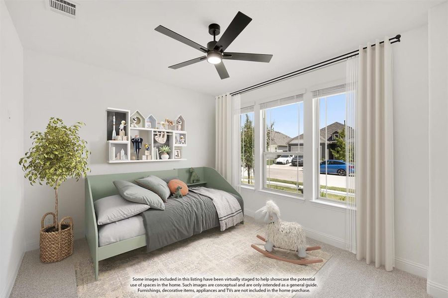 Child's bedroom with green daybed, ceiling fan, wall shelves, and large windows with natural light Child's bedroom with green daybed, ceiling fan, wall shelves, and large windows with natural light