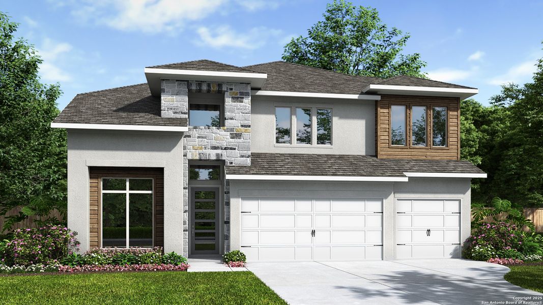 Front exterior of a new home in Hidden Canyon 55', San Antonio, TX, highlighting curb appeal (Image 1). Front exterior of a new home in Hidden Canyon 55', San Antonio, TX, highlighting curb appeal (Image 1).