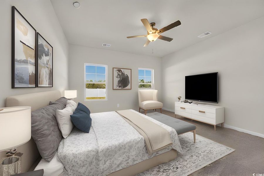 Bedroom with ceiling fan, baseboards, visible vents, and carpet floors